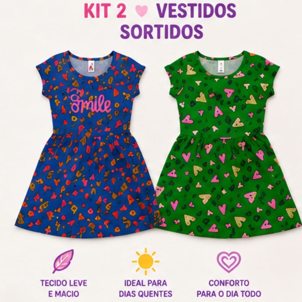 Kit 2 Vestidos Infantis Estampados Menina – Estampas Sortidas | Leve e Confortável