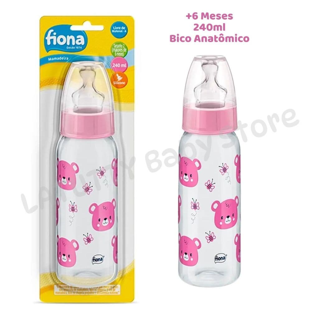 Mamadeira Menina +6 Meses Lillo Fiona 240ml Bico Silicone Anatômico com Tampa Mamadeira Rosa Ursinho