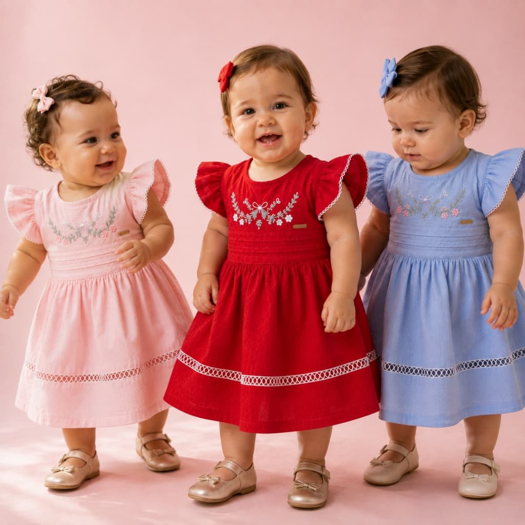 Vestido Infantil Bebê Linho 100% Algodão Bordado Delicado Menina M G 1 Ano Vestido Baby Bordado Meninas