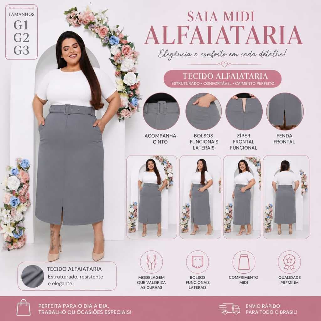 SAIA FEMININA MIDI  ALFAIATARIA ACOMPANHA CINTO , ZIPER FRONTAL , BOLSO LATERAL   REF 051