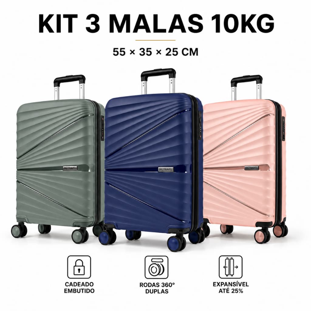 Kit 3 Malas 10Kg Viagem Bordo Cabine Avião Rodinhas Giratórias 360° Cadeado Anti-Furto