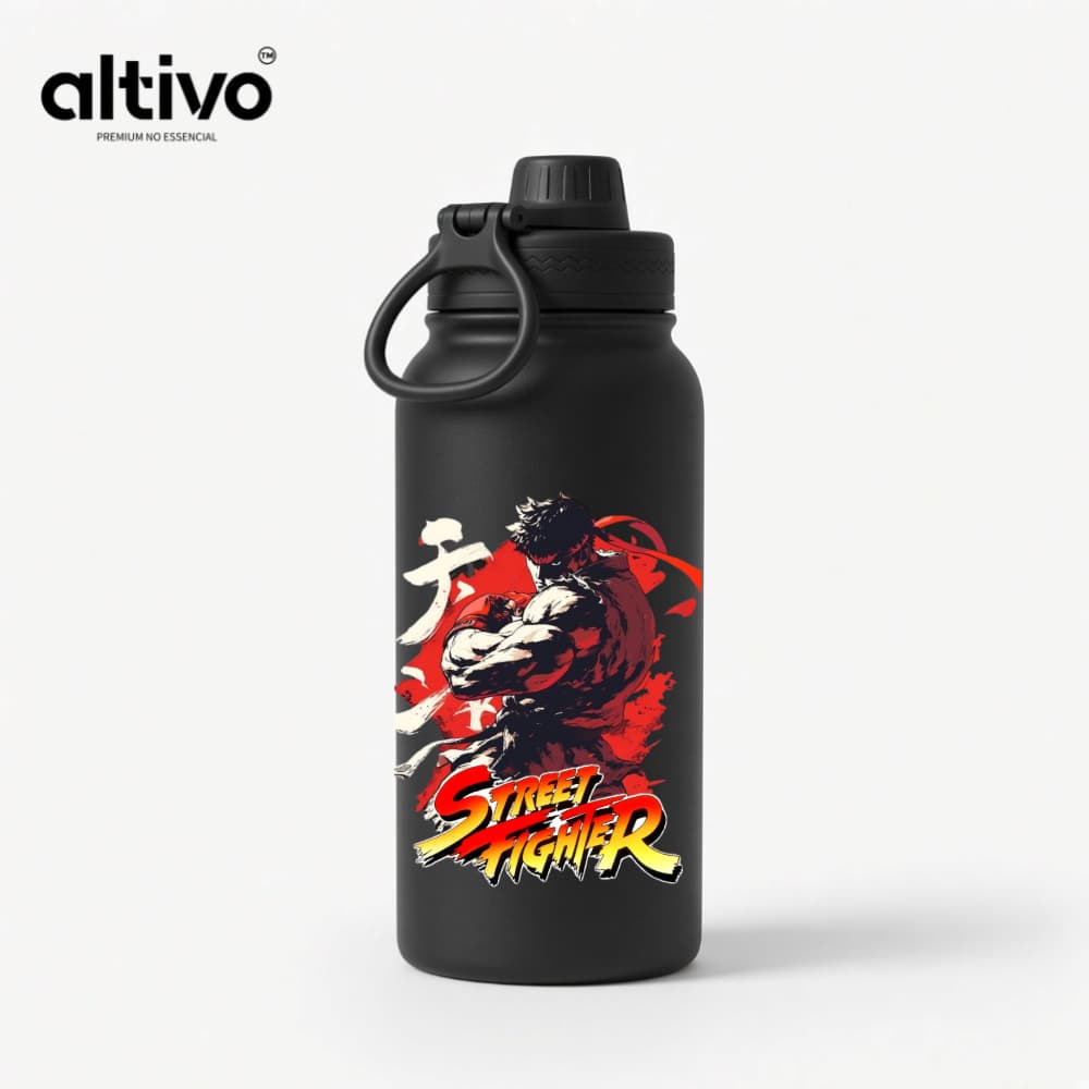 Garrafa Térmica Ryu Street Fighter Jogo Game 600ML com Tampa Rosqueável e Alça em Aço Inoxidável
