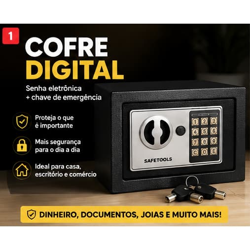 Cofre Digital Eletrônico com Senha e Chave de Emergência 23x17x17cm em Aço