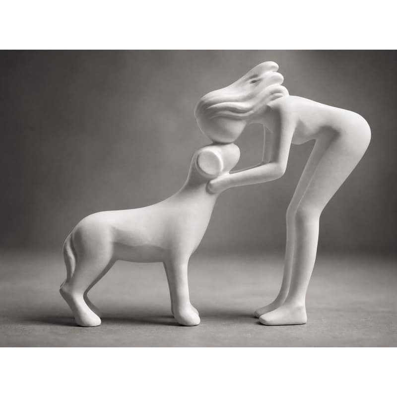 Escultura minimalista mulher beijando cachorro