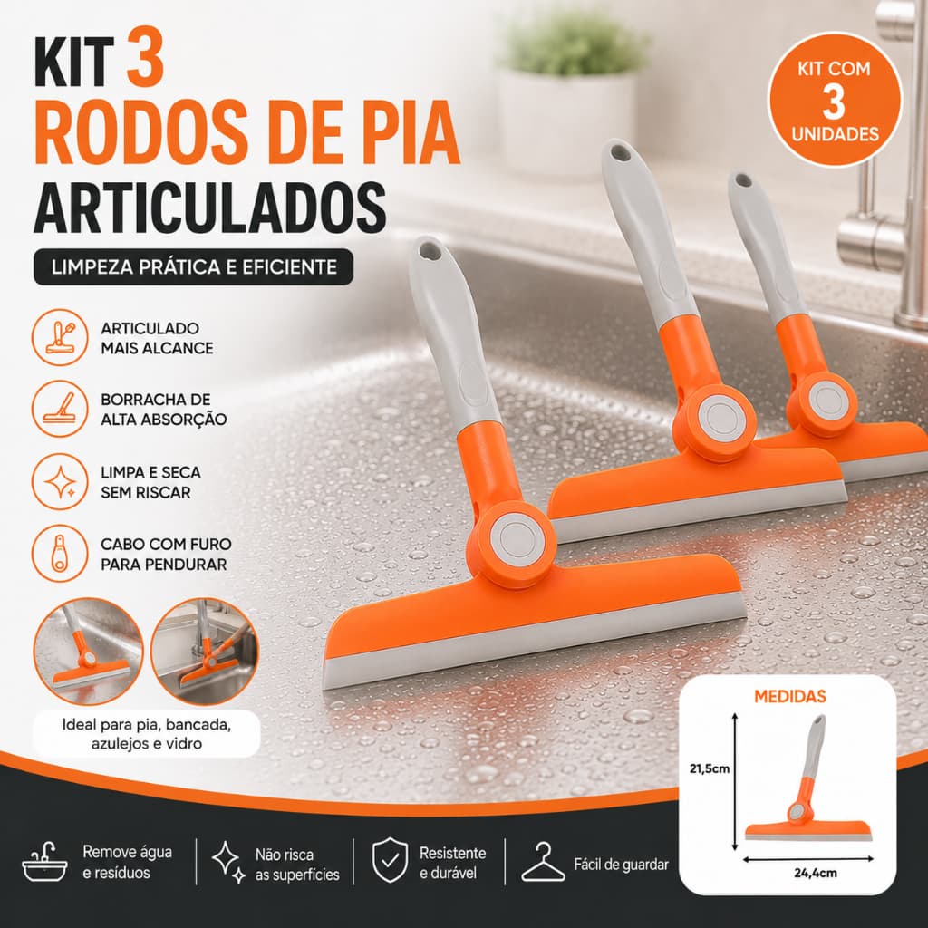 Kit 3 Rodo de Pia Articulado Dobrável Rodinho Cozinha Limpa Vidro  Bancada Azulejo Multiuso Silicone