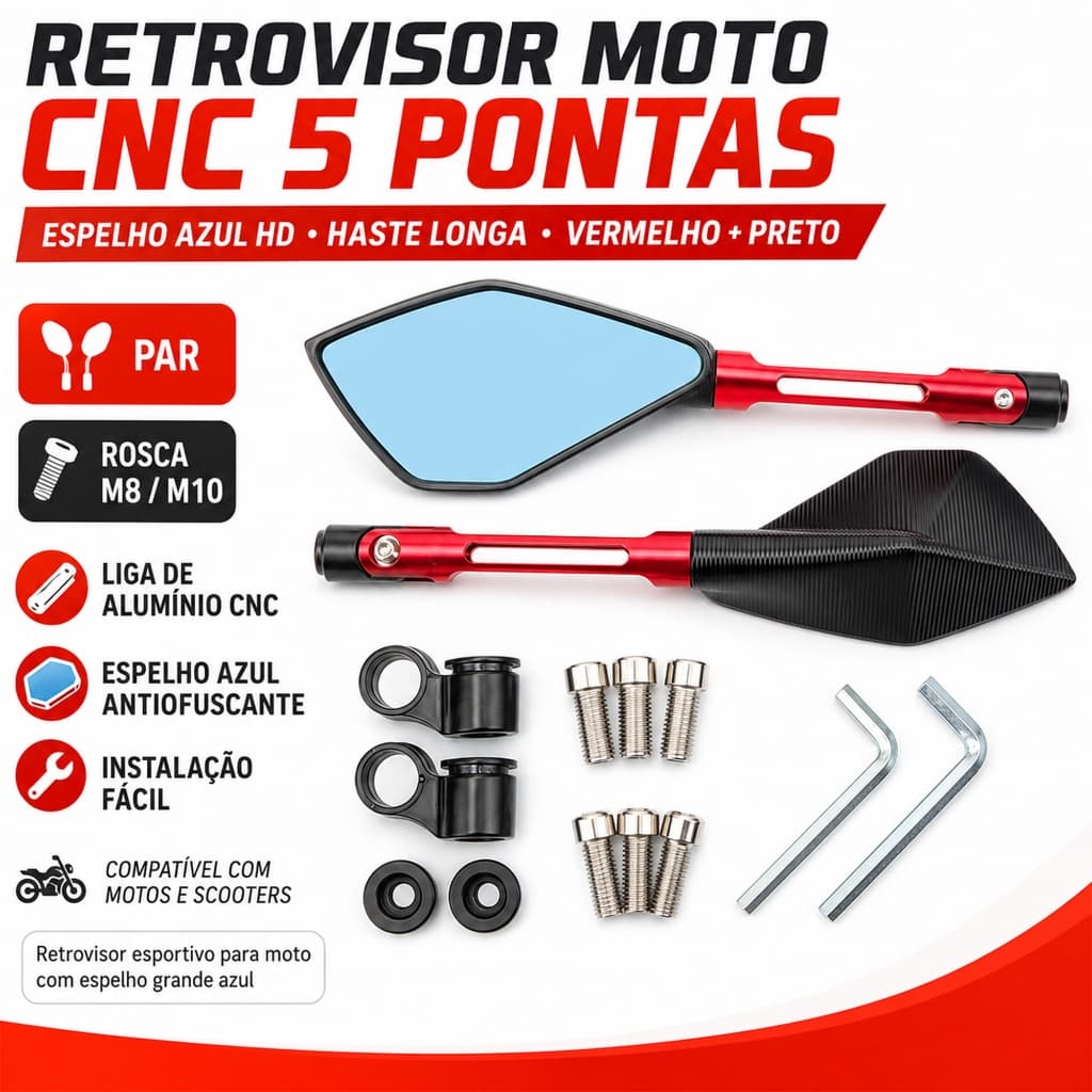 Par Espelho Retrovisor Moto Alumínio Piramide Lente Azul Universal