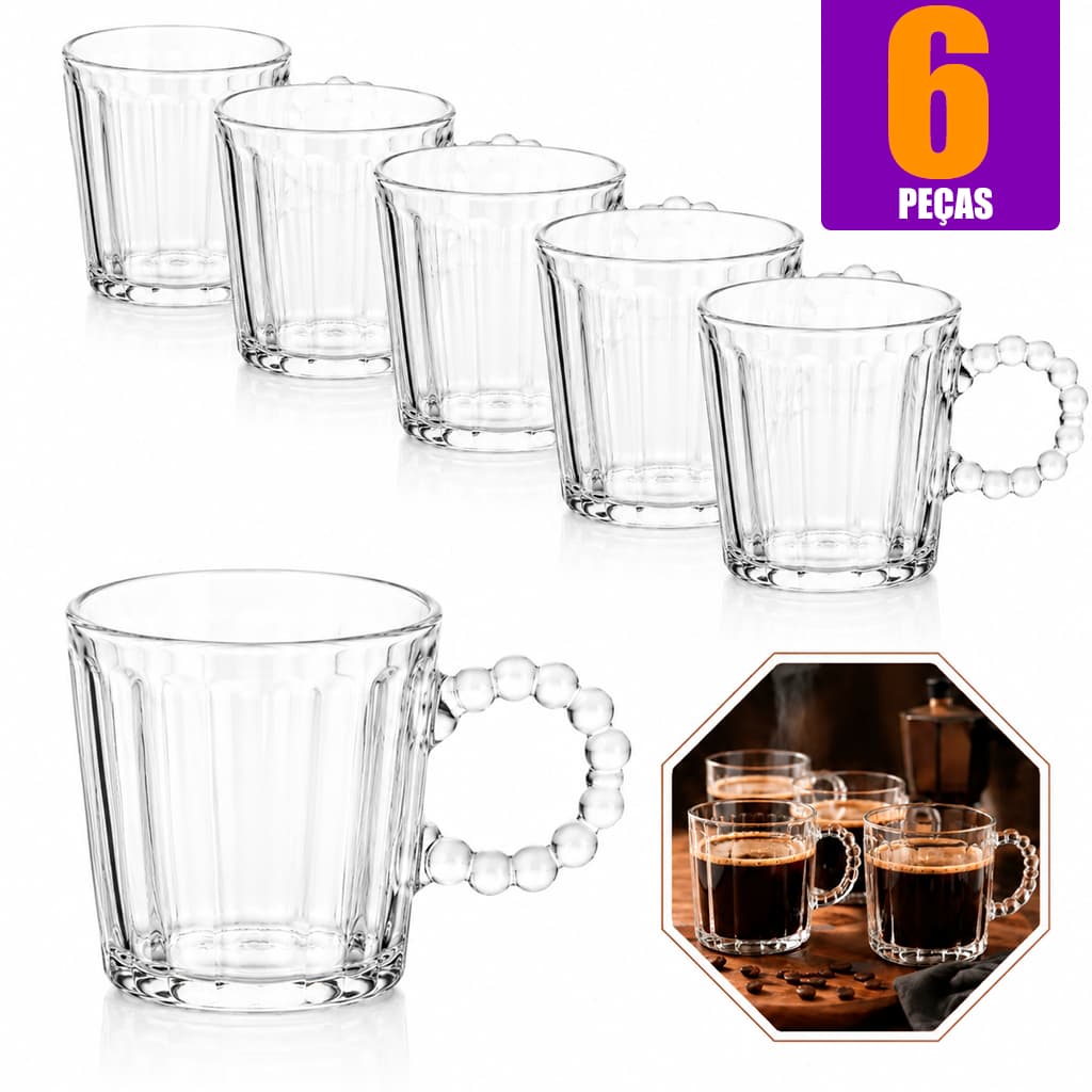 Jogo 6 Xícara Clear New Perola Elegante Vidro 100ml Caneca Café Chá Alça Bolinha Trabalhada