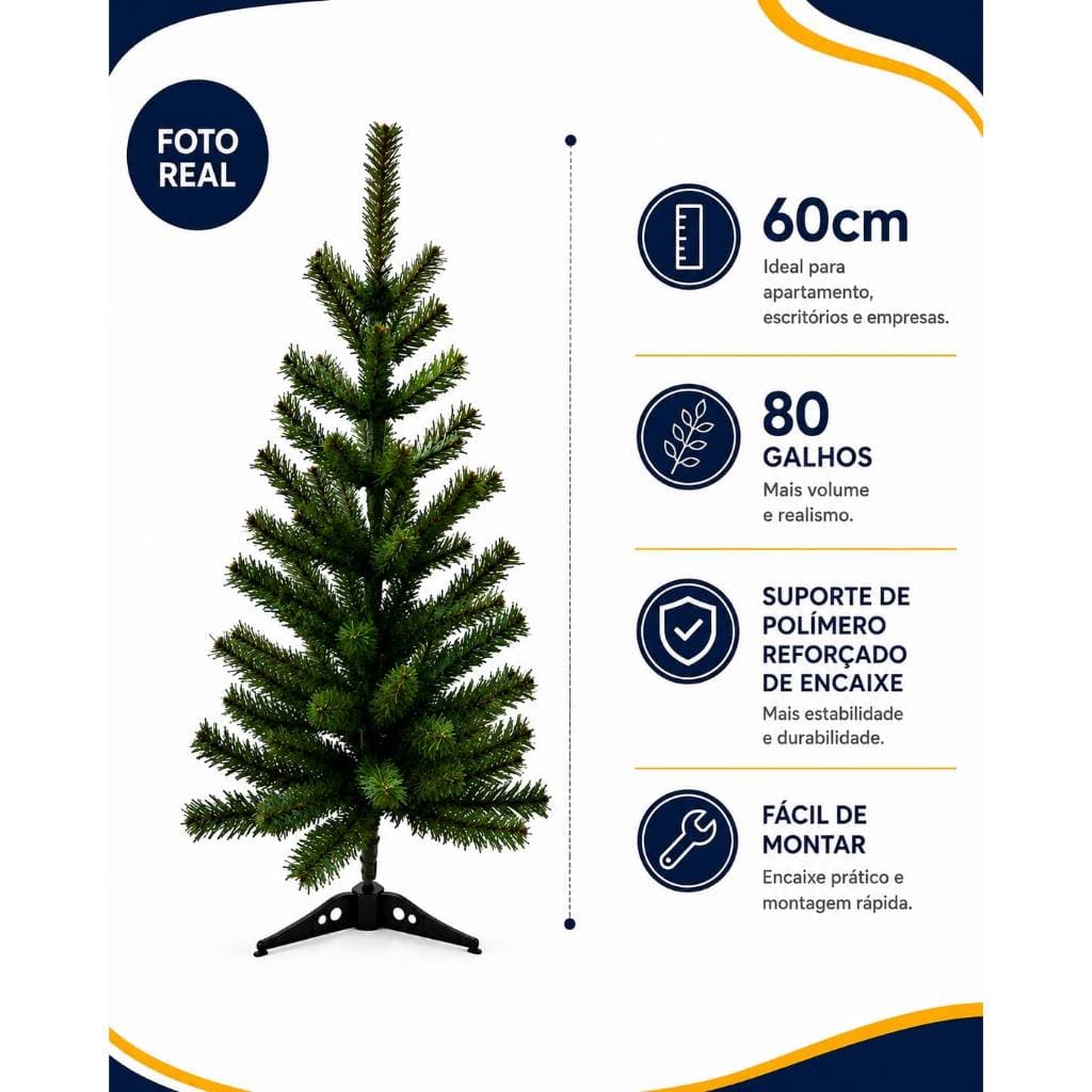 Árvore de Natal de Mesa 60cm 80 Galhos Pinheiro Luxo Base de Polímero Decoração Natalina Premium