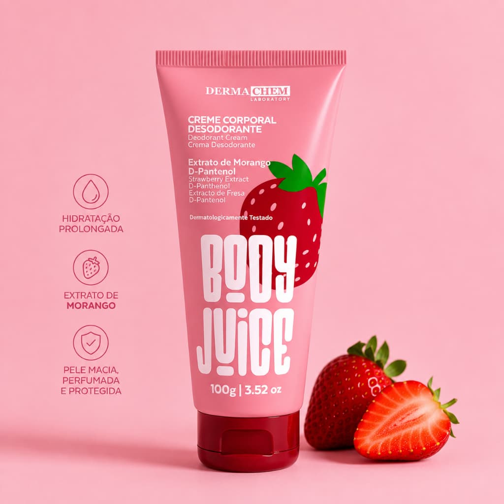 Hidratante Corporal Body Juice Morango Dermachem 100ml com D-Pantenol Hidratação Intensa