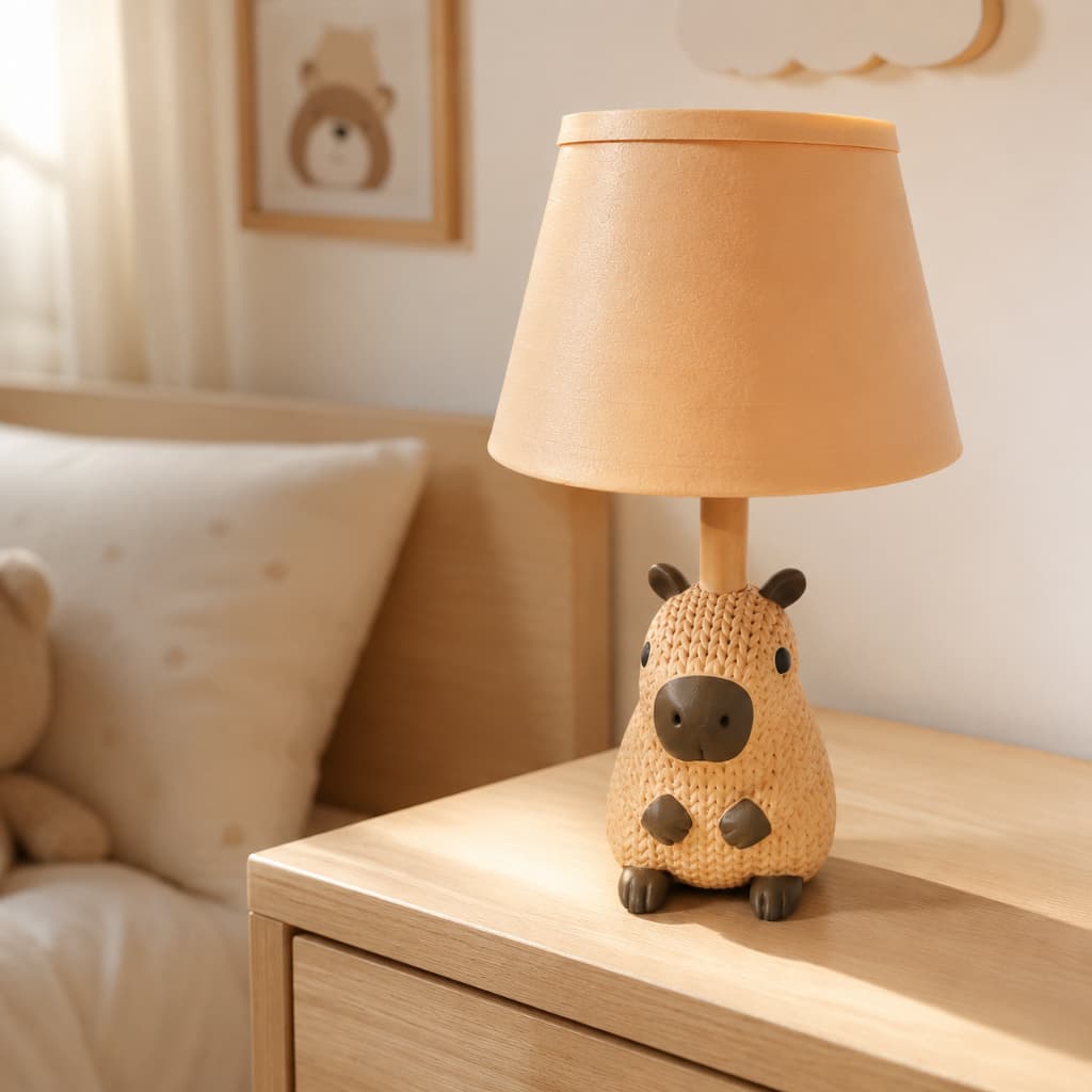 Luminária Infantil Capivara Abajur Decorativo para Quarto com Cúpula Bege 28 cm