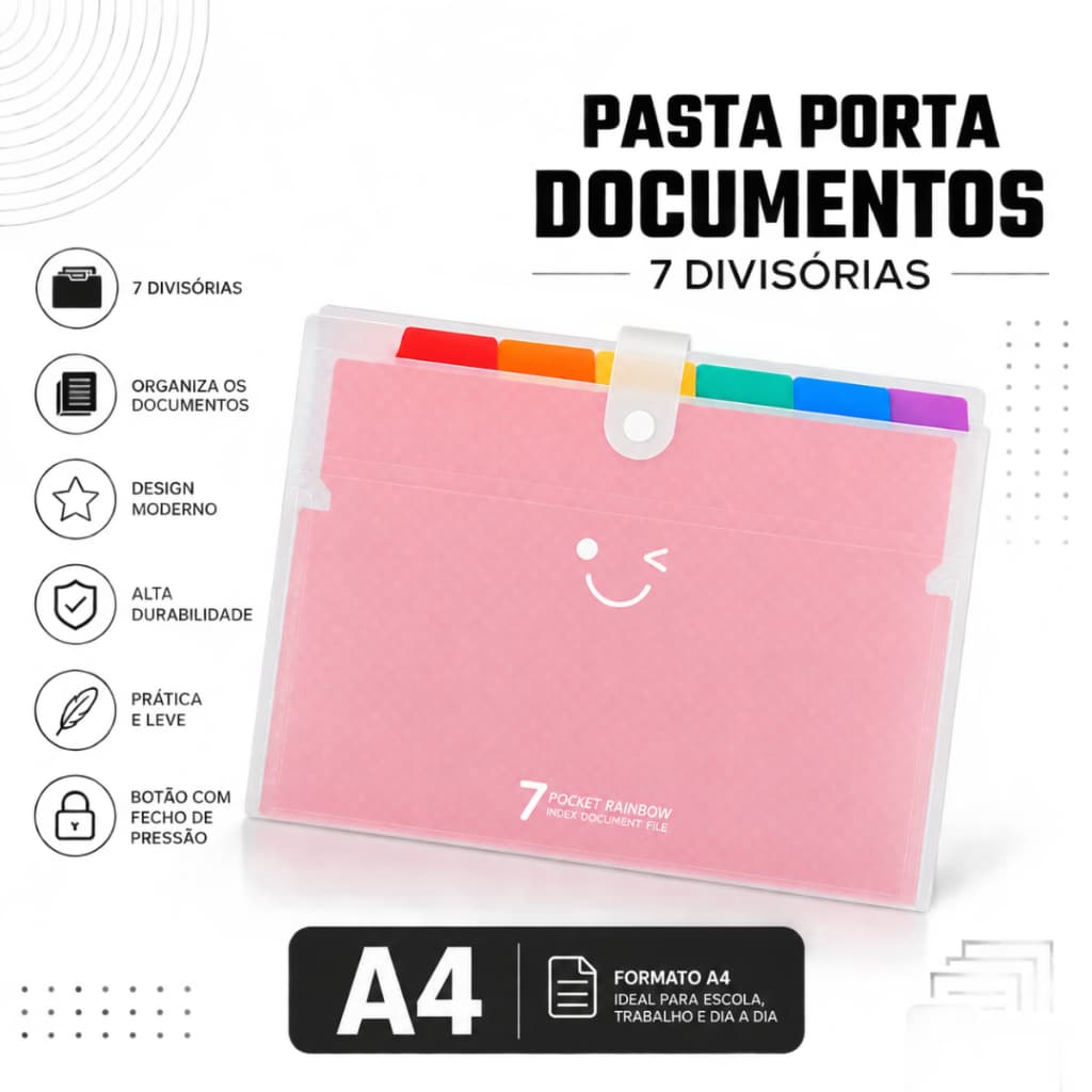 Pasta Sanfonada A4 PVC Transparente 7 Divisórias Porta Documentos