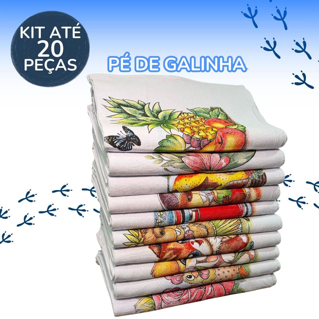Pano De Prato Pé De Galinha Kit Até 20 Panos Estampado Grande 70x45Cm Com Bainha Copa Cozinha