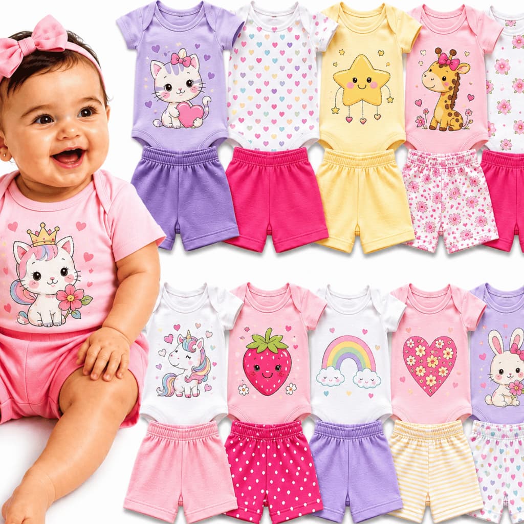 Kit 10 Peças Body Bebê Menina Manga Curta + Short 100% Algodão Conjunto Verão Roupa Bebê RN P M G