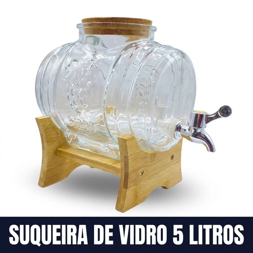 Suqueira de Vidro 5 Litros com Torneira Tampa e Suporte de Bambu