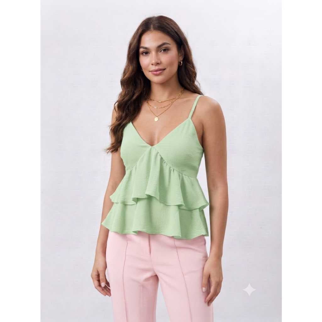 Blusa Regata Feminina De Alcinha Com Babados Decote V Moda Verão Casual