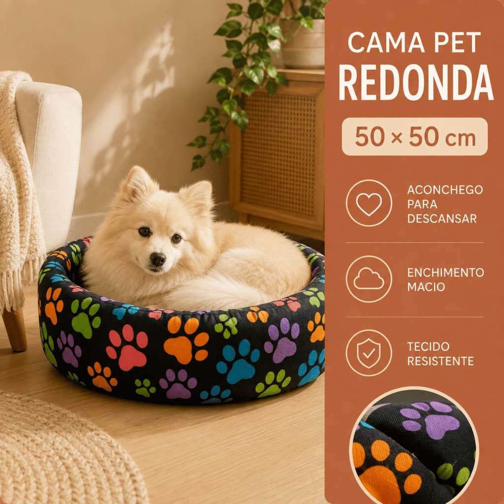 Cama Caminha Pet para Cachorro ou Gato Médio 50cm x 50cm Lavável Redonda