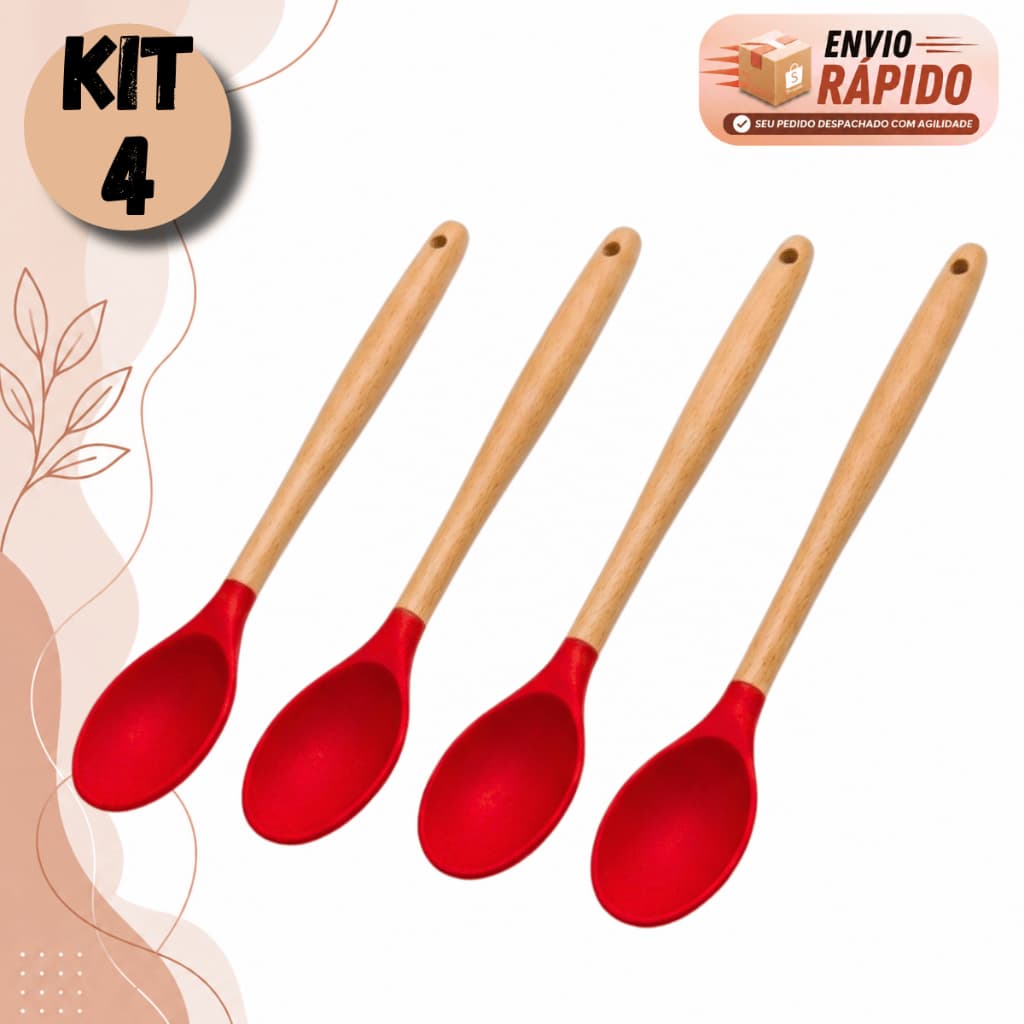Kit Colher Silicone Vermelha 29cm Cabo Madeira Não Risca Panela Culinária Antiaderente Arroz Refogado e Molho