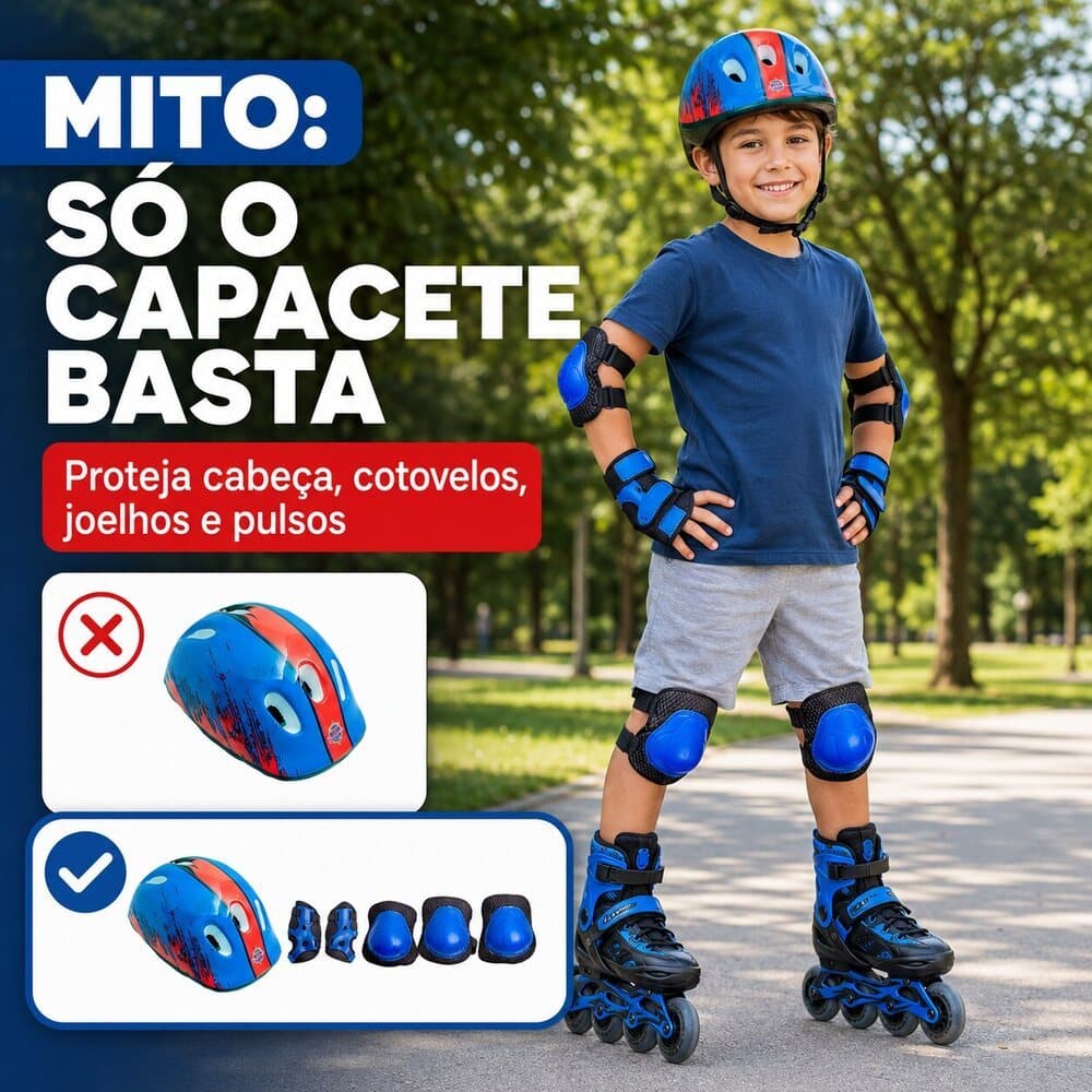 Kit Proteção Infantil 7 Peças com Capacete para Bicicleta Patins Skate Patinete Azul Vermelho