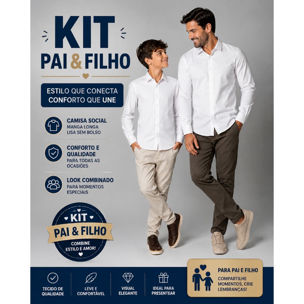 Kit Pai E Filho Camisa Social Masculina Lisa Sem Bolso Gola Polo Esporte Fino Slim P Ao GG