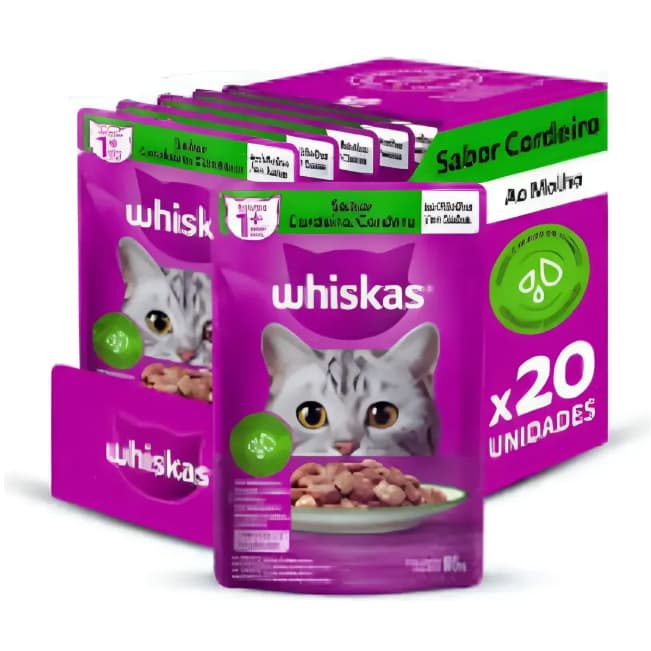 Ração Úmida Whiskas Cordeiro ao Molho para Gatos Adultos - 20 Sachês de 85g