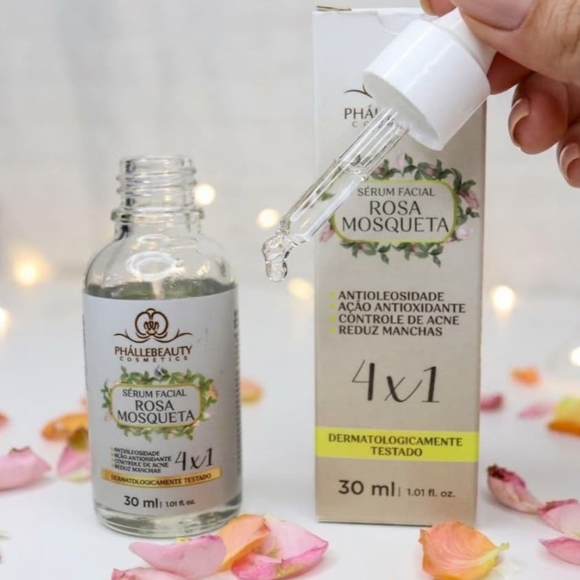 Sérum Facial 4 em 1 Rosa Mosqueta 30ml PhálleBeauty Clareador & Rejuvenescedor