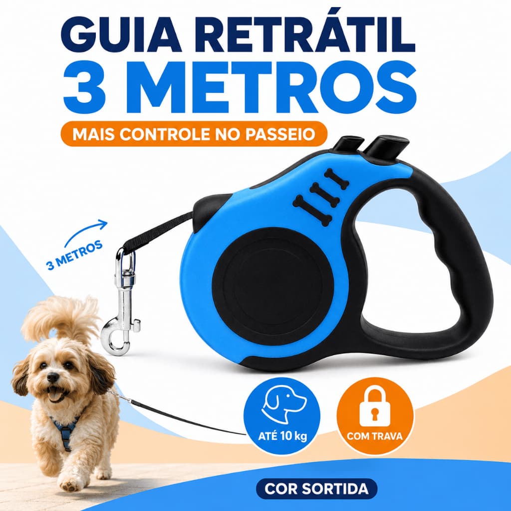 Guia Retrátil 3 Metros para Cachorro até 10kg com Trava para Passeio Cães Pequenos Cores Sortidas