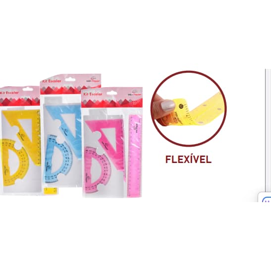 Kit Escolar com Régua, Esquadro e Transferidor Flexível