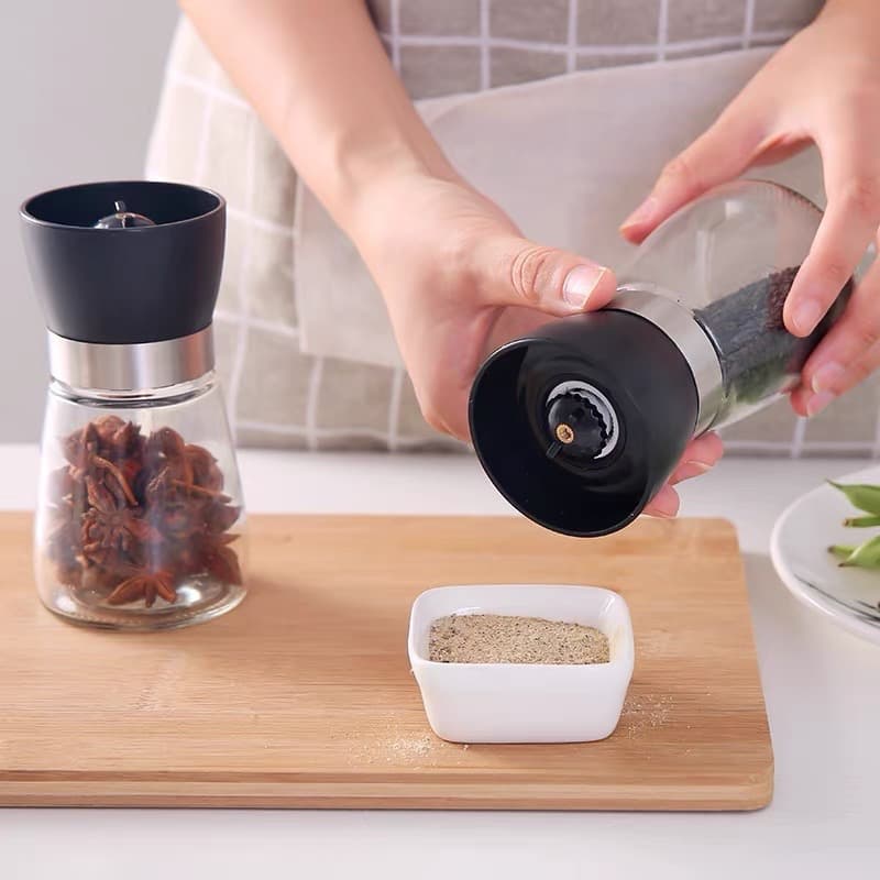 Moedor de Pimenta do Reino e Sal Grosso Manual em Vidro 180ml 210ml Mecanismo Cerâmico e Moagem Ajustável para Temperos