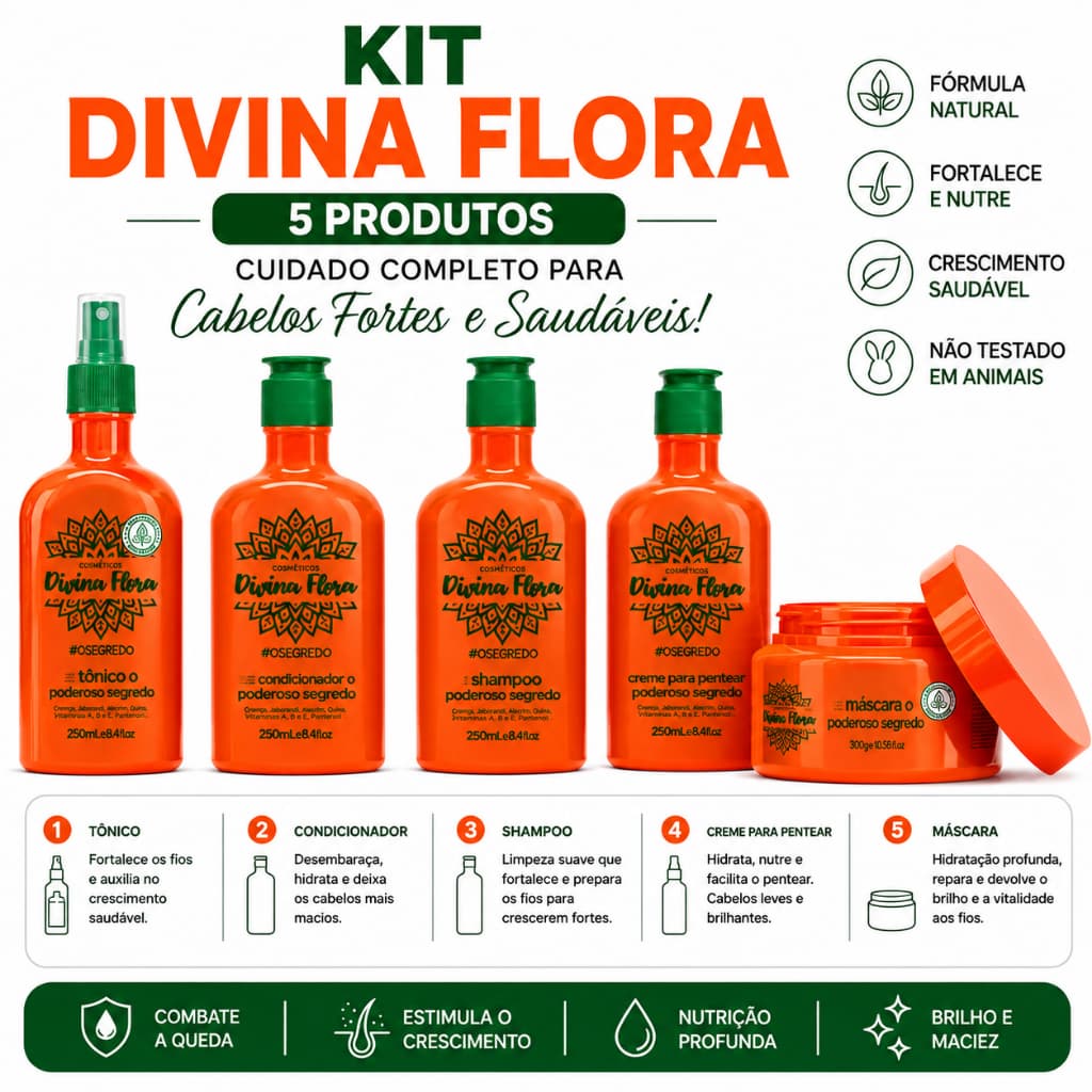 Kit Crescimento Capilar Divina Flora + Tônico Fortalecedor — Acelera o Crescimento, Raiz Forte e Anti-Queda