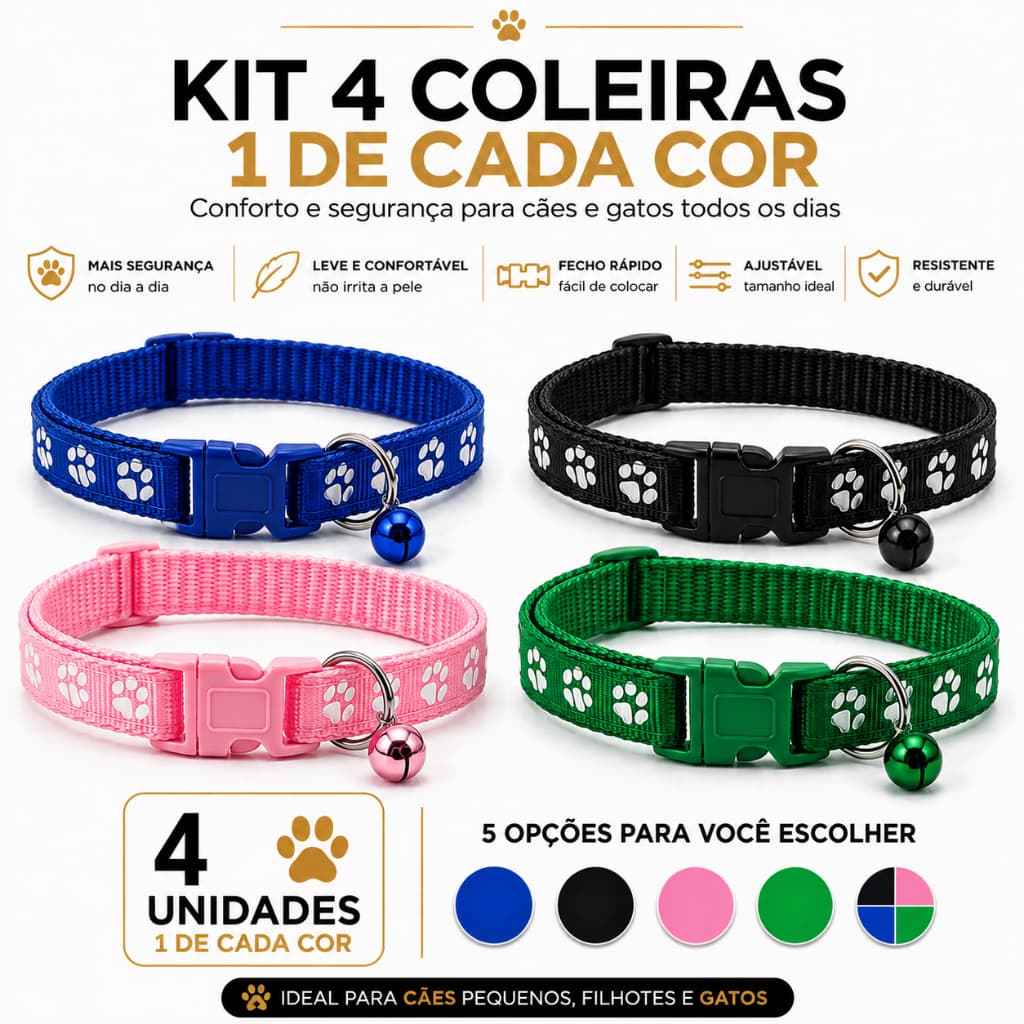 Kit 4 Coleira Pet Ajustável Cachorro Gato Filhote Porte Pequeno Argola Guizo Passeio