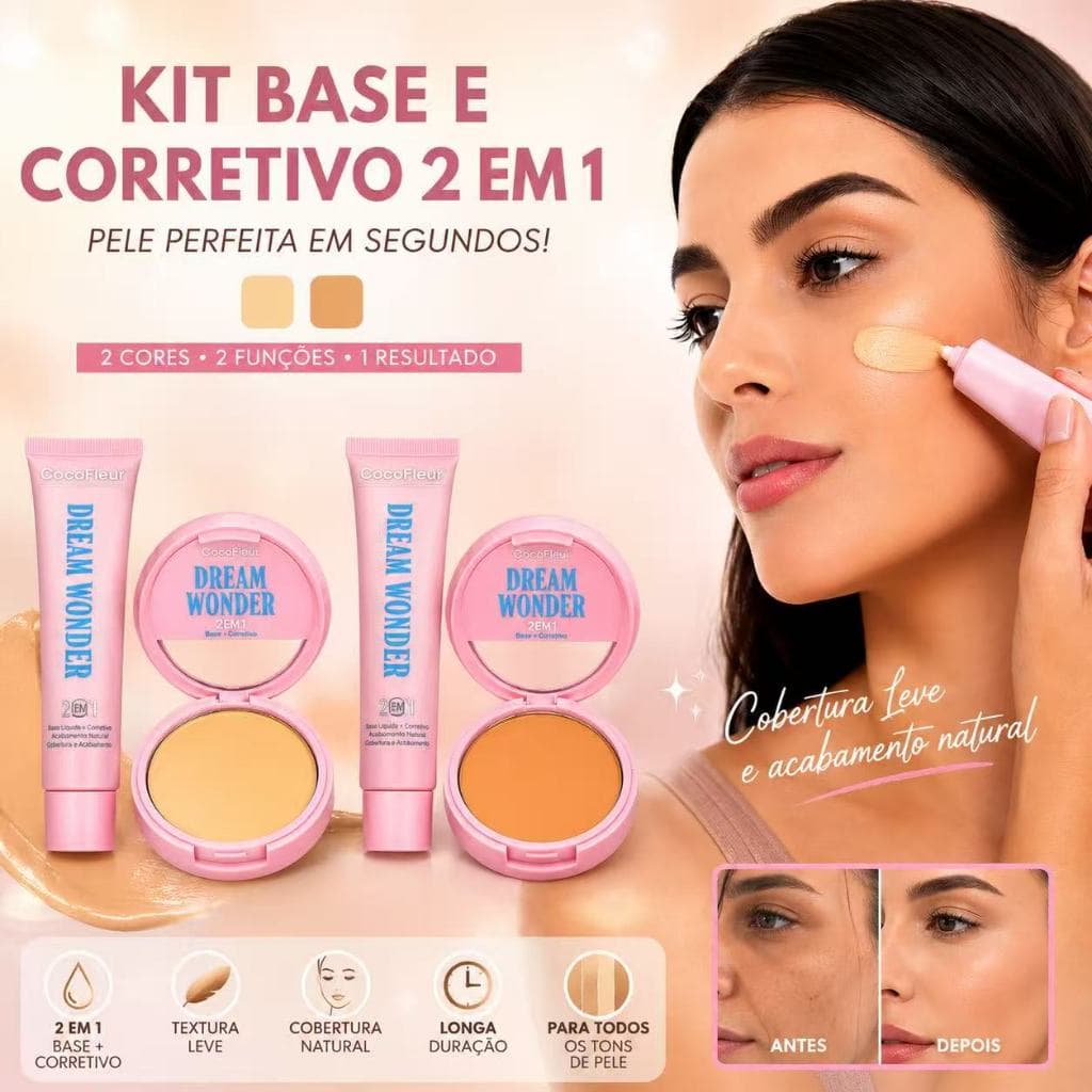 CocoFleur Kit Base e Corretivo 2 em 1 Dream Wonder Alta Cobertura Acabamento Natural Longa Duração Maquiagem Profissiona