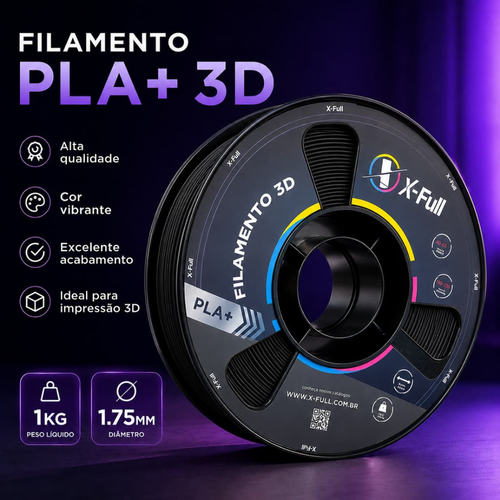 Filamento PLA+ X-Full Preto 1kg 1.75mm para Impressora 3D