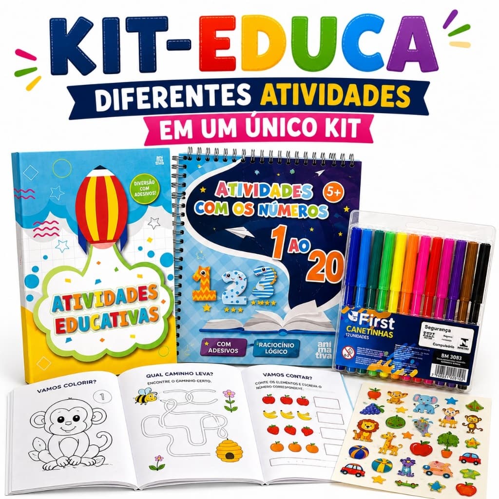 Kit Atividades Educativas Infantil + Alfabetização + Números + 12 Canetinhas Coloridas - KIT-Educa