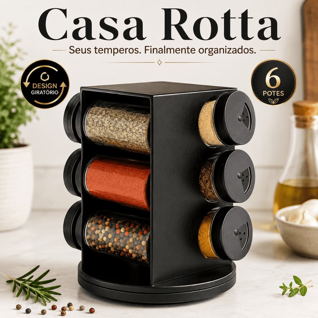 Porta Temperos Giratório 6 Potes 80ml Organizador de Condimentos Cozinha Preto