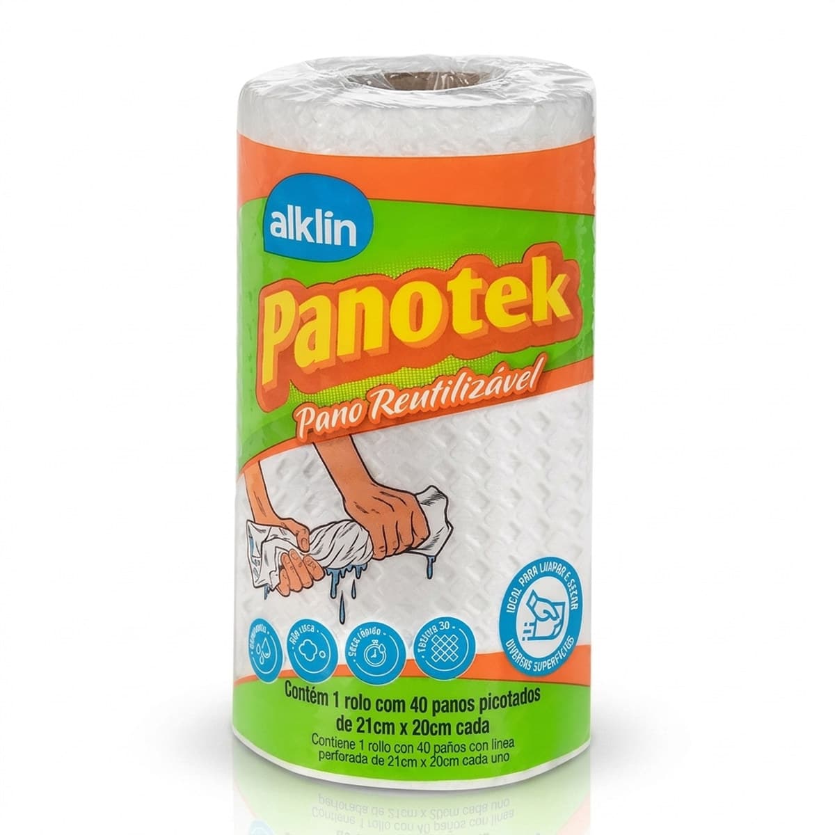 Alklin Panotek Bobina 21x20 com Picote 40 Unidades Pano Multiuso 80% Viscose e 20% Poliéster para o
