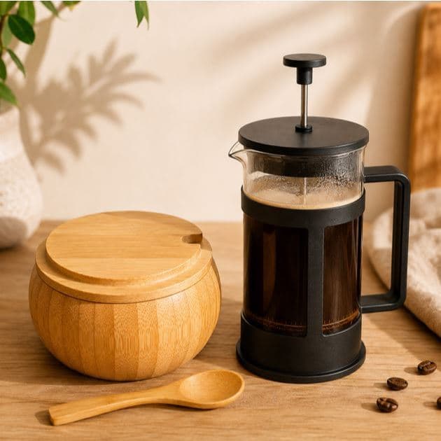 Kit Cafeteira Francesa 300ml Prensa Francesa + Açucareiro Bambu com Colher Chá Café