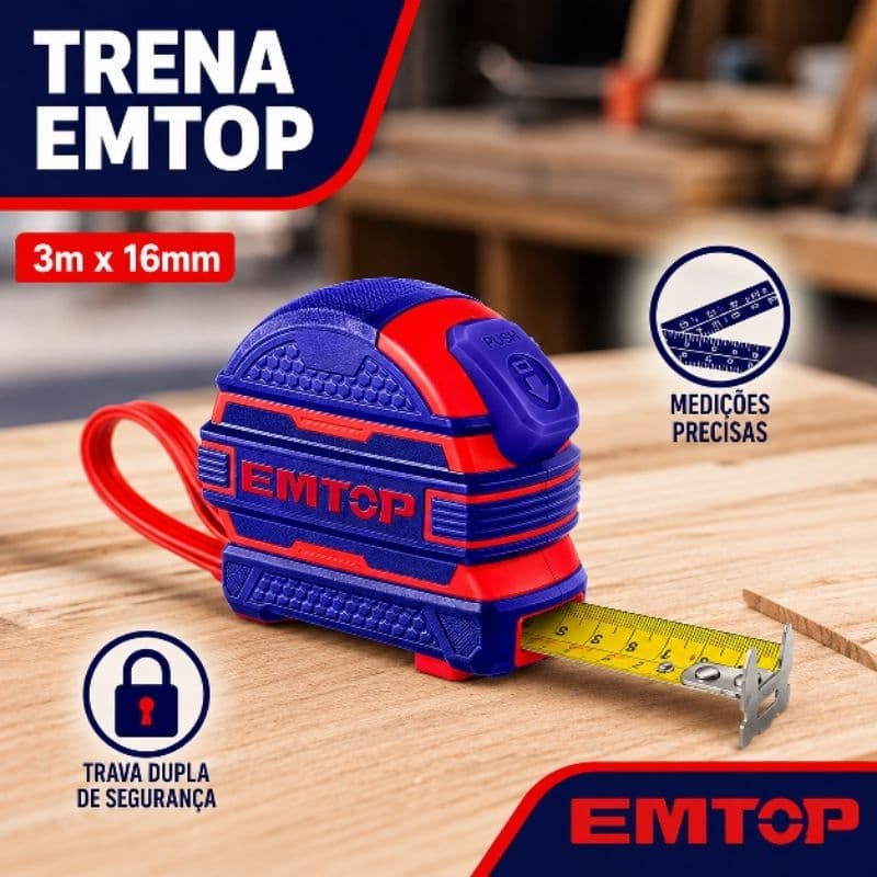 Trena Emborrachada - 3m X1,6cm Largura - Auto-Travamento, Métrica e Polegada, Design Premium - Emtop