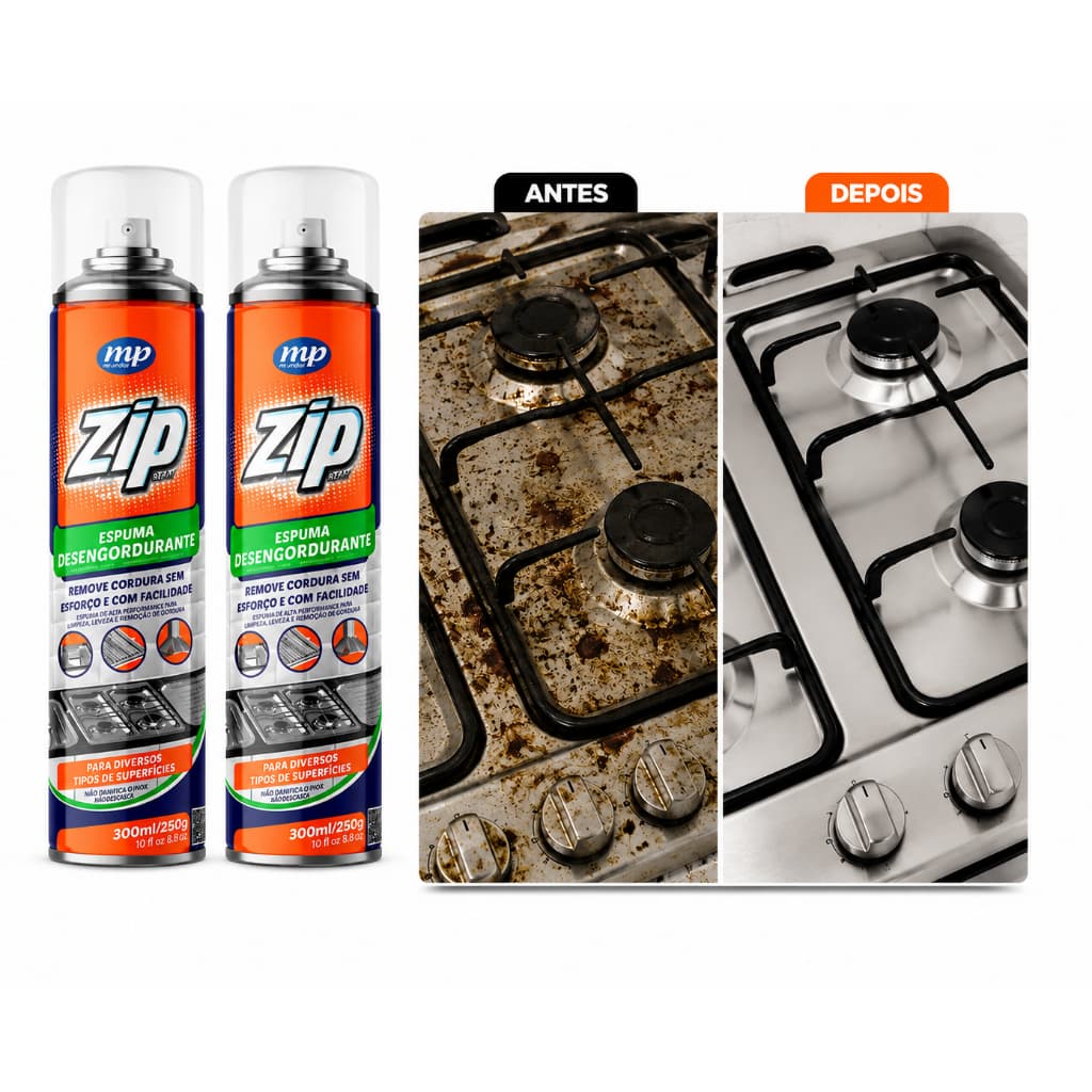 Kit até 3 Unidades Espuma Desengordurante Spray Zip Clean 300ml Limpeza Cozinha Fogão Gordura Pesada