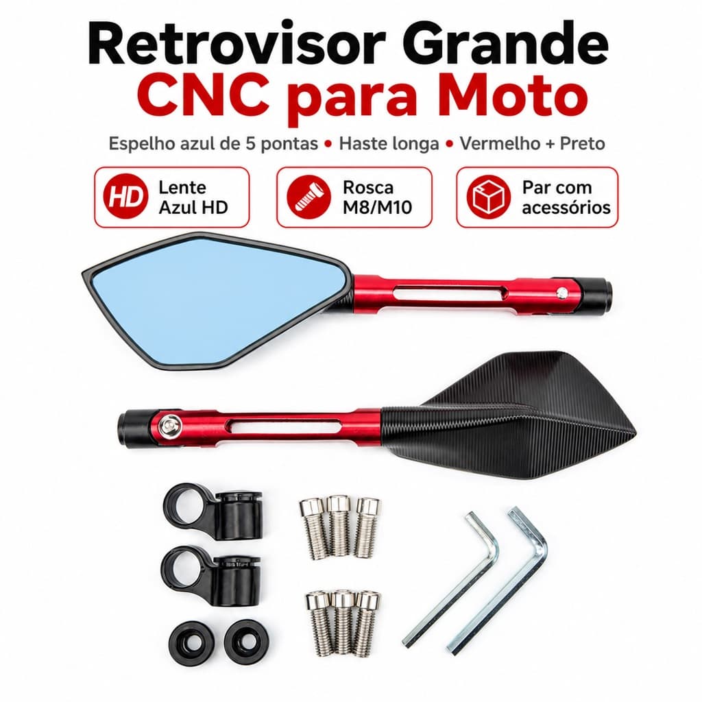Par Espelho Retrovisor Moto Alumínio Piramide Lente Azul Universal