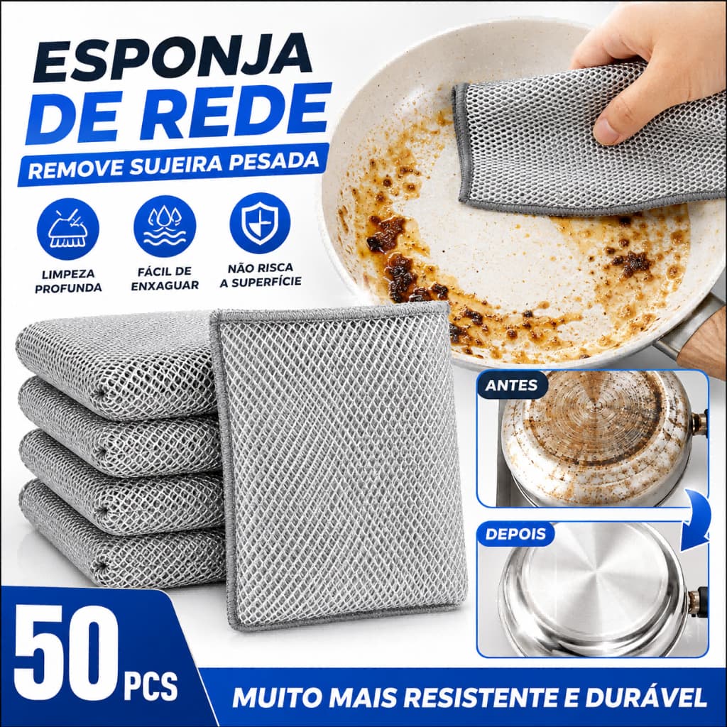 Esponja de Rede Multiuso 20x20cm Pano Limpeza Cozinha Lava Louça Não Risca Remove Gordura Reutilizável