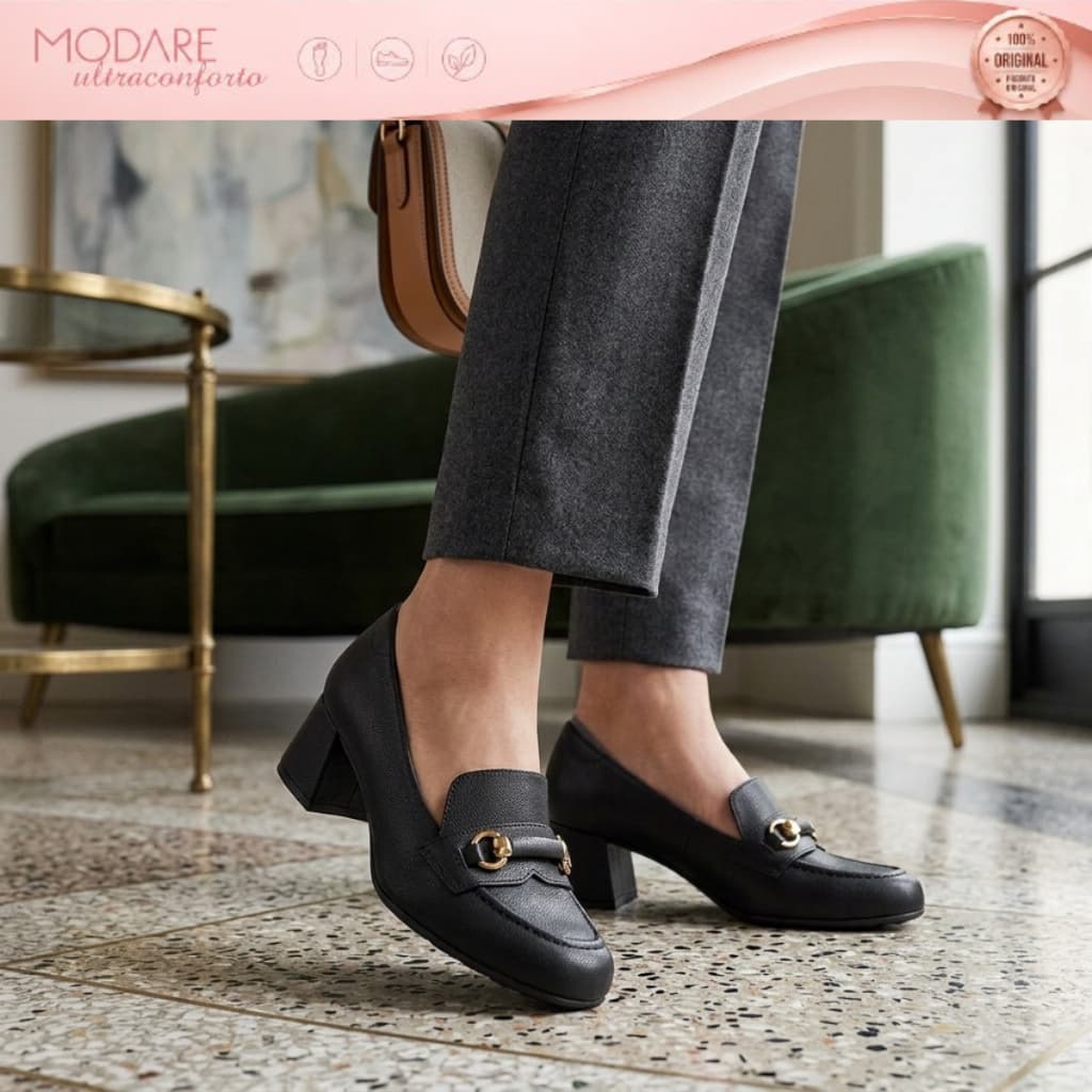 Mocassim Modare Feminino Sapato Confortável Scarpin Ultraconforto Salto Anabela Casual Fivela Dourado 7373118 Original