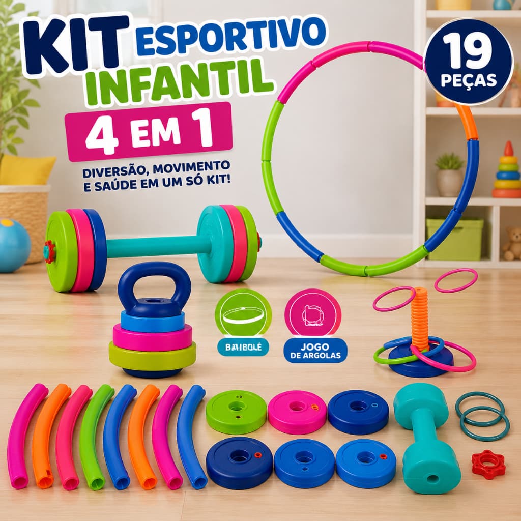 Kit Esportivo Infantil 4 em 1 Fitness Games Kettlebell Bambolê Halter Argolas 19 Peças
