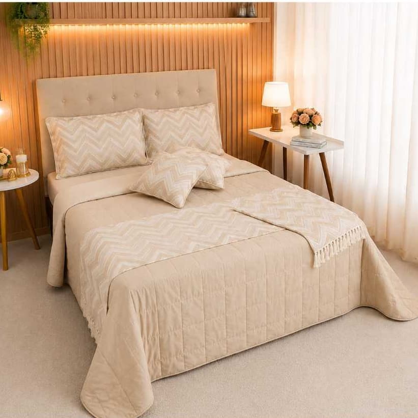 Kit Cobre Leito Franja Casal Queen King Super King 12 Peças Tecido Jacquard