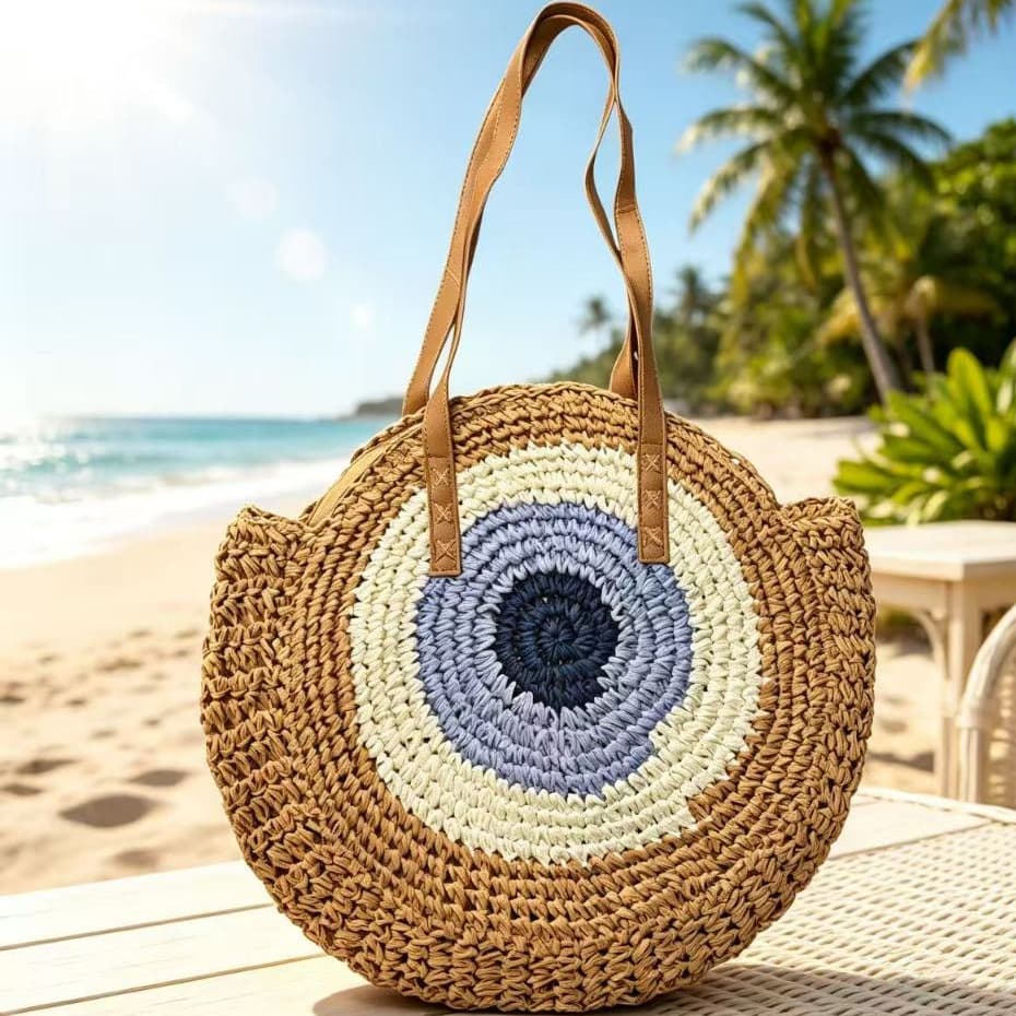 Bolsa Tote Redonda de Palha Feminina, Modelo Circular Colorido para Praia e Passeios de Verão