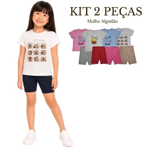 Kit 2 Peças  Camiseta Estampada Meia Malha + Bermuda Ciclista Infantil Confortáveis Cheio de Estilo