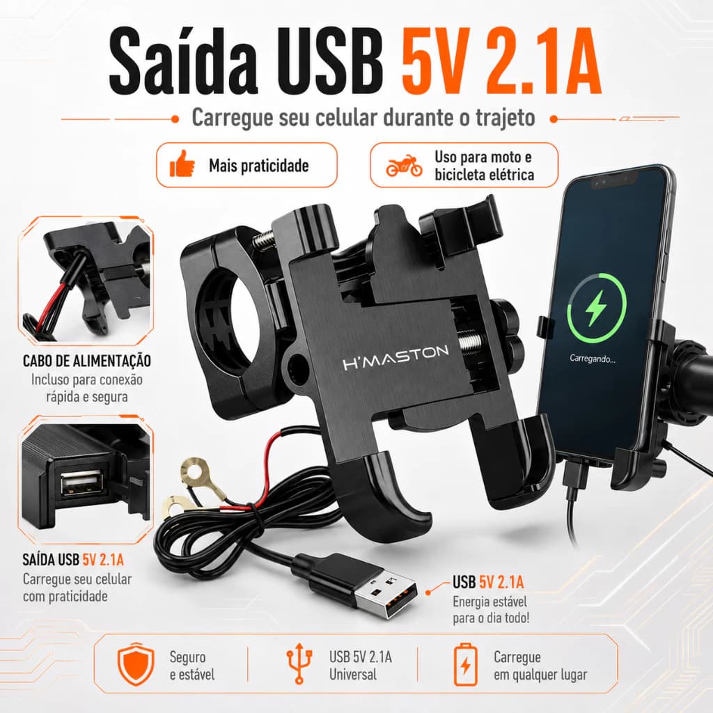 Suporte Celular Moto E Bike Gps Com carregamento USB 2.1A Aluminio Anti Queda  CDCJ