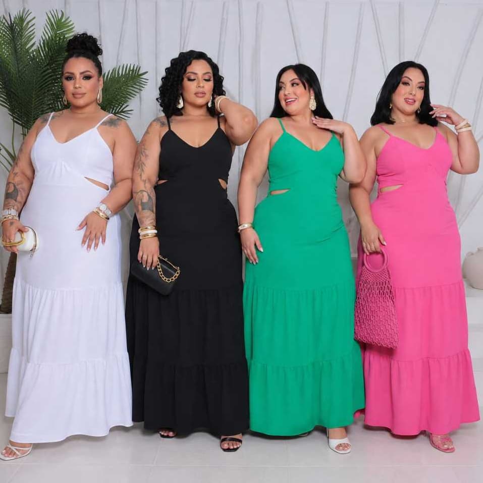 Vestido Longo MAISA Feminino Plus Size com Bojo Forrado Alça Fina Elegante Moda Verão