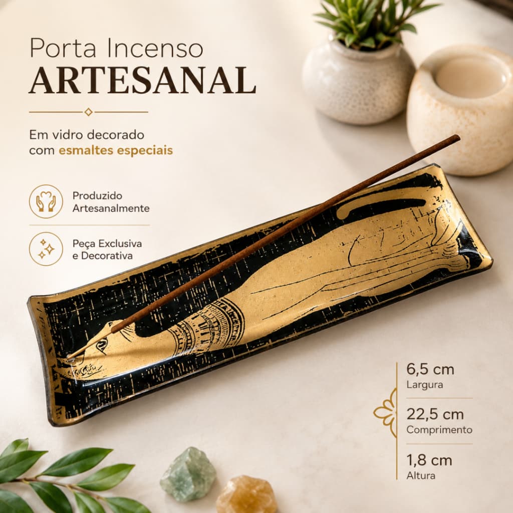 Incensário Retangular em Vidro 3mm Estampa Gato Egipcio nas Cores Preto e Dourado