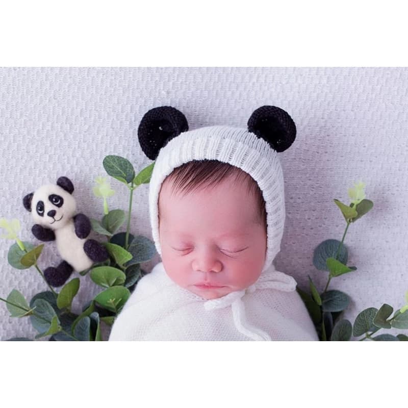 Touca urso panda Newborn em Tricô |  para Ensaio Fotográfico Bebê | Unissex | Prop Newborn