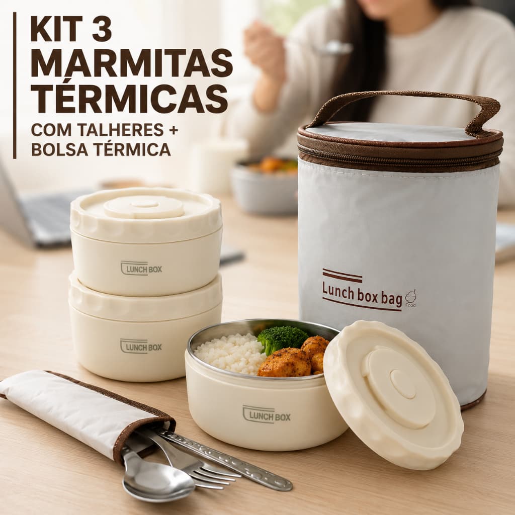 Kit 3 Marmitas Térmicas + Bolsa Térmica + Talheres 420ml 420ml 550ml